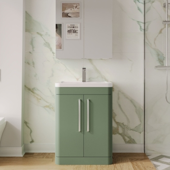 Nuie Parade Floor Standing 2-Door Vanity Unit with Ceramic Basin 600mm Wide - Satin Green | Product Image