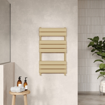Nuie Piazza Flat Panel Heated Towel Rail 840mm H x 500mm W - Brushed Brass | Product Image