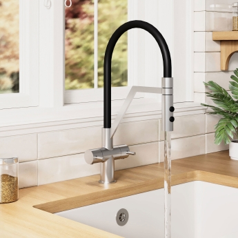 Nuie Ravi Mono Kitchen Sink Mixer Tap Dual Lever Handle - Brushed Nickel | Product Image