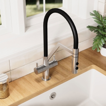 Nuie Ravi Mono Kitchen Sink Mixer Tap Dual Lever Handle - Brushed Nickel | Product Image