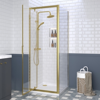 Rene Brushed Brass Pivot Door Square Shower Enclosure - 6mm Glass