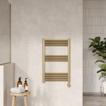 Nuie Round Bar Electric Heated Towel Rail 800mm H x 500mm W - Brushed Brass | Product Image