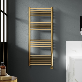 Nuie Round Bar Brushed Brass Electric Ladder Towel Rail