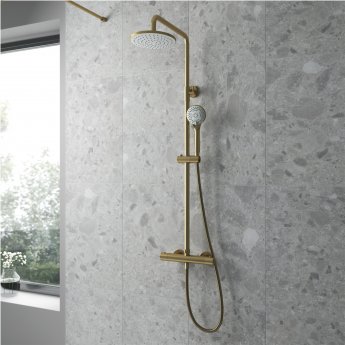Nuie Arvan Round Thermostatic Bar Mixer Shower with Shower Kit and Fixed Head - Brushed Brass