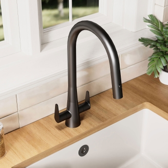 Nuie Samir Mono Kitchen Sink Mixer Tap Dual Lever Handle - Matt Black | Product Image