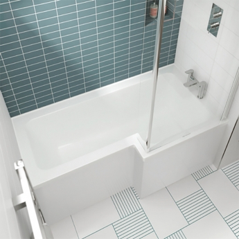 Nuie L-Shaped Square Shower Bath with Front Panel and Screen