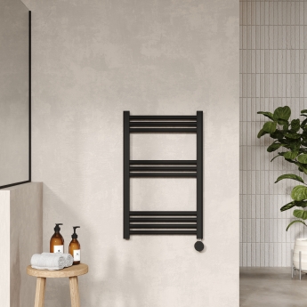 Nuie Round Bar Electric Heated Towel Rail 800mm H x 500mm W - Matt Black