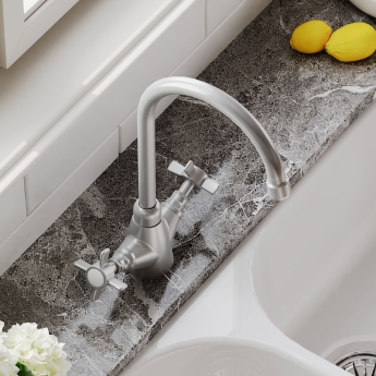 Nuie Traditional Mono Kitchen Sink Mixer Tap Dual Handle - Brushed Nickel | Product Image