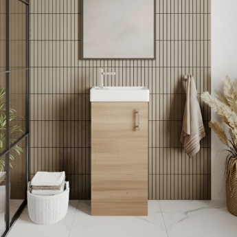 Nuie Vault Floor Standing 1-Door Vanity Unit with Basin 400mm Wide - Bleached Oak