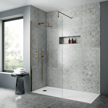 Nuie Wet Room Screen 1850mm High x 700mm Wide with Support Bar 8mm Glass - Brushed Bronze | Product Image