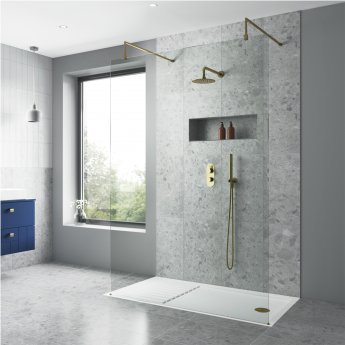 Nuie Wet Room Screen 1850mm High x 1200mm Wide with Support Bar 8mm Glass - Brushed Brass