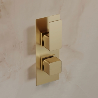 Nuie Windon Thermostatic Twin Square Concealed Shower Valve with Fixed Head and Arm - Brushed Brass | Product Image