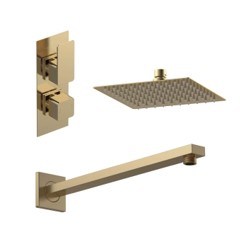 Nuie Windon Thermostatic Twin Square Concealed Shower Valve with Fixed Head and Arm - Brushed Brass | Product Image