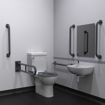 Nymas NymaCARE Premium Rimless LH Close Coupled Doc M Toilet Pack with TMV3 Valve - Dark Grey Grab Rails