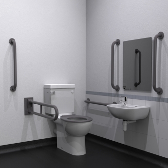 Nymas NymaCARE Premium Rimless LH Close Coupled Doc M Toilet Pack with TMV3 Valve - Grey Grab Rails