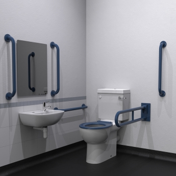 Nymas NymaCARE Premium Rimless RH Close Coupled Doc M Toilet Pack with TMV3 Valve - Dark Blue Grab Rails