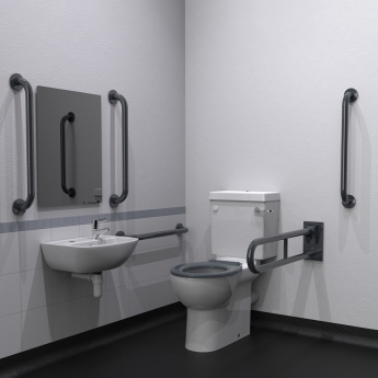 Nymas NymaCARE Premium Rimless RH Close Coupled Doc M Toilet Pack with TMV3 Valve - Dark Grey Grab Rails