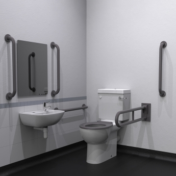 Nymas NymaCARE Premium Rimless RH Close Coupled Doc M Toilet Pack with TMV3 Valve - Grey Grab Rails