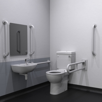 Nymas NymaCARE Premium Rimless RH Close Coupled Doc M Toilet Pack with TMV3 Valve - White Grab Rails