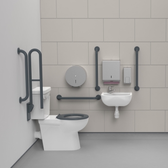 Nymas NymaCARE Premium Rimless LH Close Coupled Doc M Toilet Pack with TMV3 Valve - Dark Grey Grab Rails | Product Image
