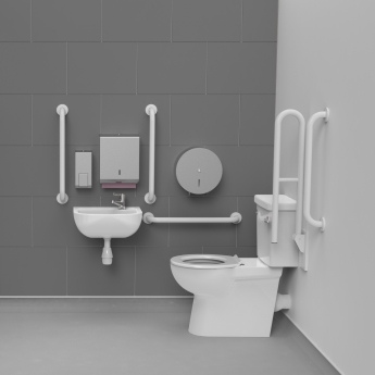 Nymas NymaCARE Premium Rimless RH Close Coupled Doc M Toilet Pack with TMV3 Valve - White Grab Rails | Product Image