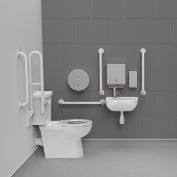 Nymas NymaCARE Premium Rimless LH Close Coupled Doc M Toilet Pack with TMV3 Tap - White Grab Rails | Product Image