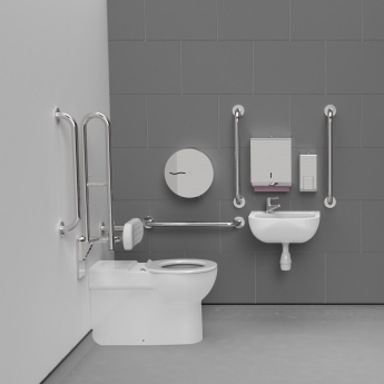 Nymas NymaCARE Premium Rimless LH Back to Wall Doc M Toilet Pack with TMV3 Valve - Polished Grab Rails
