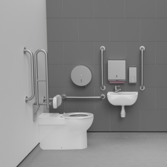 Nymas NymaCARE Premium Rimless LH Back to Wall Doc M Toilet Pack with TMV3 Valve - Satin Grab Rails | Product Image
