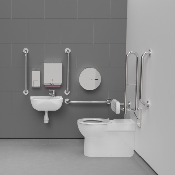 Nymas NymaCARE Premium Rimless RH Back to Wall Doc M Toilet Pack with TMV3 Valve - Polished Grab Rails