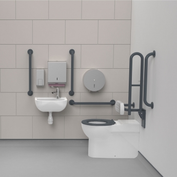 Nymas NymaCARE Premium Rimless RH Back to Wall Doc M Toilet Pack with TMV3 Tap - Dark Grey Grab Rails | Product Image