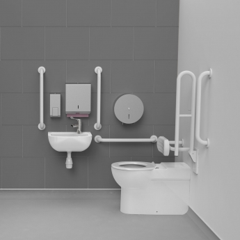 Nymas NymaCARE Premium Rimless RH Back to Wall Doc M Toilet Pack with TMV3 Tap - White Grab Rails | Product Image