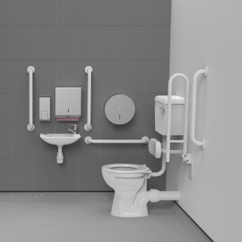 Nymas NymaPRO Low Level Doc M Toilet Pack with Stainless Steel Grab Rails and TMV3 Valve - White | Product Image