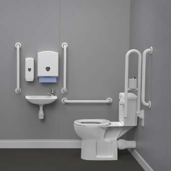 Nymas NymaPRO Rimless Close Coupled Lockable Cistern Doc M Toilet Pack with TMV3 Valve - White Grab Rails | Product Image