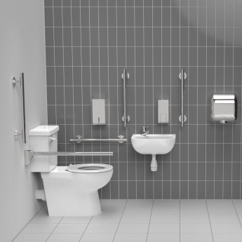 Nymas NymaSTYLE Premium Rimless LH Close Coupled Doc M Toilet Pack with TMV3 Valve - Polished Grab Rails | Product Image