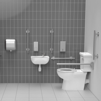 Nymas NymaSTYLE Premium Rimless RH Close Coupled Doc M Toilet Pack with TMV3 Valve - Satin Grab Rails | Product Image