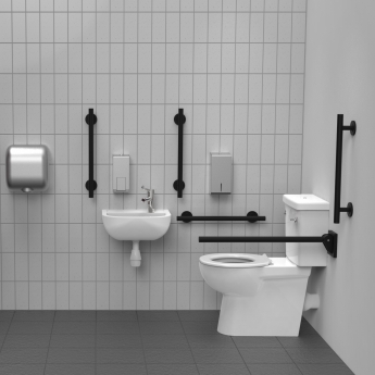 Nymas NymaSTYLE Premium Rimless RH Close Coupled Doc M Toilet Pack with TMV3 Tap - Matt Black Grab Rails | Product Image