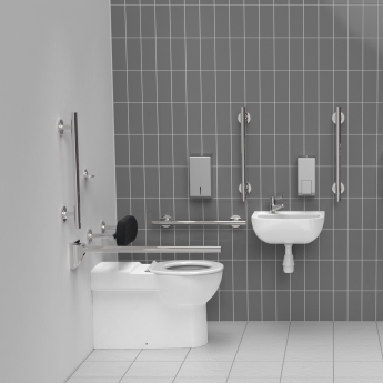 Nymas NymaSTYLE Premium Rimless LH Back to Wall Doc M Toilet Pack with TMV3 Valve - Polished Grab Rails | Product Image