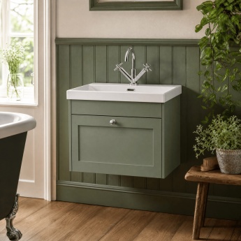 Old London Ashwick 600mm 1-Drawer Wall Hung Vanity Unit with Ceramic Basin | Product Image