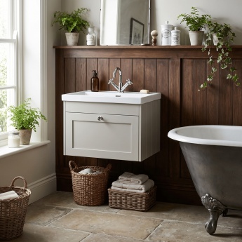 Old London Ashwick 600mm 1-Drawer Wall Hung Vanity Unit with Ceramic Basin | Product Image