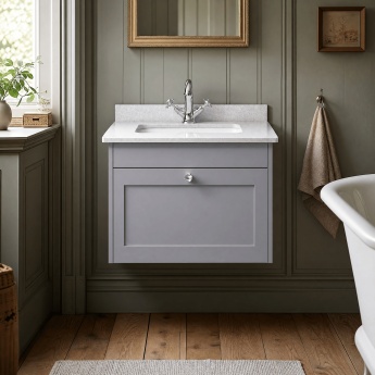 Old London Ashwick 600mm 1-Drawer Wall Hung Vanity Unit with Marble Top Basin | Product Image