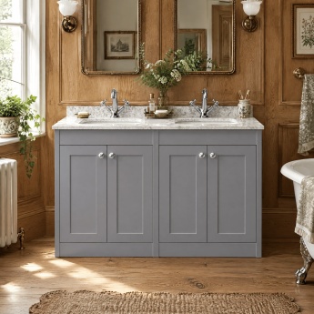 Old London Ashwick 1200mm 4-Door Floor Standing Vanity Unit with Twin Marble Top Basin | Product Image