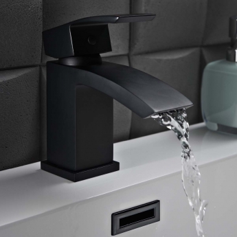 Orbit Descent Mini Mono Basin Mixer Tap with Push Button Waste - Matt Black