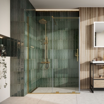 Orbit Momentum Brushed Brass Frameless Sliding Wet Room Glass Panel 1200mm Wide - 8mm