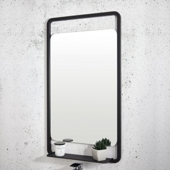 Orbit Noire Soft Square Bathroom Mirror with Shelf 900mm H x 500mm W - Black