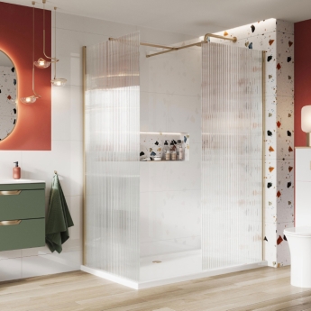 Orbit S8 Fluted Brushed Brass Wet Room Glass Panel 1000mm Wide - 8mm Glass | Product Image