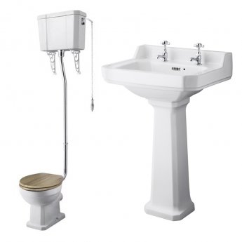Nuie Richmond Traditional Bathroom Suite High Level Toilet 500mm Basin - 2 Tap Hole