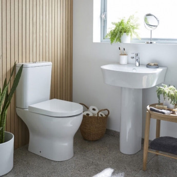 Prestige Eklipse Round Closed Back Close Coupled Rimless Toilet With Push Button Cistern - Soft Close Seat | Product Image