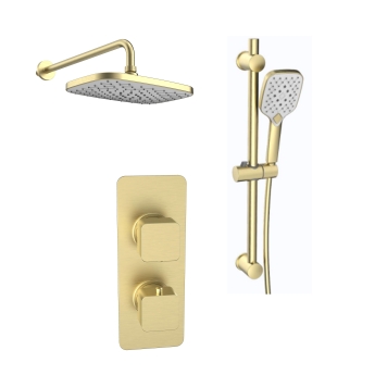Prestige Kolt Thermostatic Concealed Shower Valve with Adjustable Slide Rail Kit and Fixed Head - Brushed Brass | Product Image