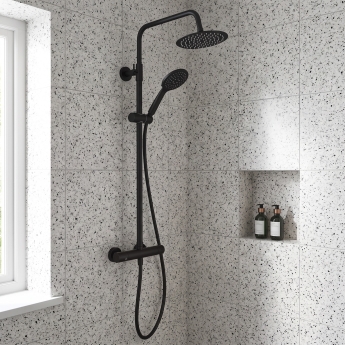 Prestige Nero Thermostatic Round Bar Shower Valve with Shower Kit and Fixed Head - Black | Product Image