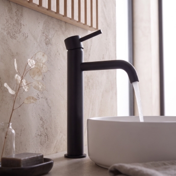 Prestige Nero Round Hi-Rise Mono Basin Mixer Tap - Matt Black | Product Image
